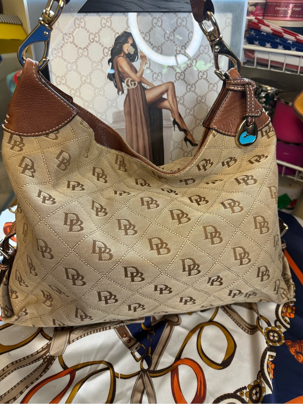 Dooney & Bourke Signature DB Canvas Hobo Shoulder Bag – Tan/Brown